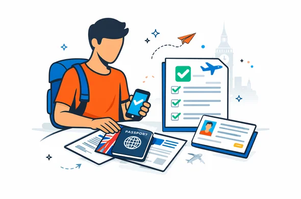Flat or semi-flat vector illustration, clean lines, modern tech feel, 2D or light isometric style, deep blue and turquoise primary colors with United Kingdom accent red, abstract faceless traveler organizing passport, phone, digital checklist and neatly arranged travel documents for a UK ETA process, calm organized efficient safe atmosphere, minimalist white and light grey background, faint outline of Big Ben and subtle travel icons, neutral skin tones, no text, no watermark, not photorealistic Flat or semi-flat vector illustration, clean lines, modern tech feel, 2D or light isometric style, deep blue and turquoise primary colors with United Kingdom accent red, abstract faceless traveler organizing passport, phone, digital checklist and neatly arranged travel documents for a UK ETA process, calm organized efficient safe atmosphere, minimalist white and light grey background, faint outline of Big Ben and subtle travel icons, neutral skin tones, no text, no watermark, not photorealistic