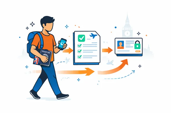 Flat or semi-flat vector illustration, clean lines, modern tech feel, 2D or light isometric style, deep blue and turquoise primary colors with United Kingdom accent red, abstract faceless traveler moving through a clear and organized digital ETA journey with passport, phone, checklist, guidance arrows and secure check icons, calm organized efficient safe atmosphere, minimalist white and light grey background, faint silhouette of Big Ben and London skyline, neutral skin tones, no text, no watermark, not photorealistic Flat or semi-flat vector illustration, clean lines, modern tech feel, 2D or light isometric style, deep blue and turquoise primary colors with United Kingdom accent red, abstract faceless traveler moving through a clear and organized digital ETA journey with passport, phone, checklist, guidance arrows and secure check icons, calm organized efficient safe atmosphere, minimalist white and light grey background, faint silhouette of Big Ben and London skyline, neutral skin tones, no text, no watermark, not photorealistic