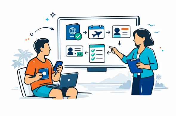 Flat or semi-flat vector illustration, clean lines, modern tech feel, isometric 2D style. An abstract faceless traveler sits with a passport, phone and laptop while a calm support specialist guides them through a Seychelles travel authorization process on a large digital screen. Deep blue and turquoise primary palette with Seychelles-inspired accents of coral, aqua, tropical green and sandy yellow. Calm, organized, efficient, safe atmosphere. Minimal white and light grey background with a faint outline of Seychelles islands and a subtle tropical coastline silhouette. No photorealism, no text, no logos, no distinct facial features.