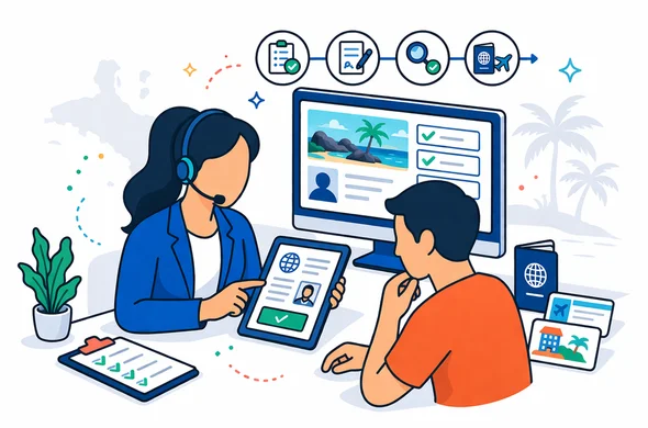 Flat or semi-flat vector illustration, clean lines, modern tech feel, isometric service workflow. A faceless support specialist and abstract traveler review a Seychelles ETA style application on a tablet and desktop interface with checklist panels, passport, travel booking cards and a clear progress flow. Deep blue and turquoise primary palette with Seychelles-inspired coral, aqua, tropical green and sandy beige accents. Calm, organized, efficient, safe atmosphere. Minimal white and light grey background with a faint silhouette of a Seychelles beach and island outline. No photorealism, no text, no logos, no distinct facial features.