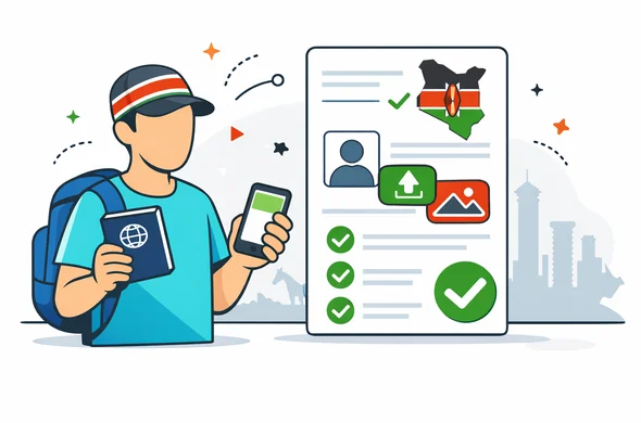 Flat or semi-flat vector illustration, clean lines, modern tech feel, 2D or light isometric style. Abstract faceless traveler holding a passport and smartphone while a digital Kenya eTA application interface appears nearby with upload icons, neat checklists and approval symbols. Primary colors deep blue and turquoise with Kenya accent colors red, green, black and subtle white. Calm, organized, efficient, safe atmosphere. Minimalist white and light grey background with a faint Nairobi skyline or Kenya map silhouette. No photorealism, no text, no logos, no detailed facial features.