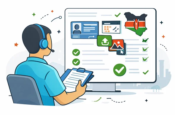 Flat or semi-flat vector illustration, clean lines, modern tech feel, modern SaaS style, 2D or light isometric. Abstract faceless support specialist reviewing Kenya ETA documents on a large screen with passport scan, travel details, file upload cards, validation icons and a neat checklist. Primary colors deep blue and turquoise with Kenya accent colors red, green, black. Calm, organized, efficient, safe atmosphere. Minimal white and light grey background with a faint silhouette of Nairobi skyline or outline of Kenya. No photorealism, no text, no logos, no detailed facial features.