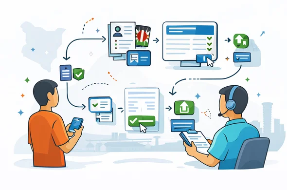 Flat or semi-flat vector illustration, clean lines, modern tech feel, light isometric workflow scene. Abstract faceless traveler and support specialist moving through a Kenya ETA process with icons for data collection, document review, online form completion and final submission. Primary colors deep blue and turquoise with Kenya accent colors red, green, black. Calm, organized, efficient, safe atmosphere. Minimal white and grey background with a faint Kenya map outline and subtle airport or Nairobi skyline silhouette. No photorealism, no text, no logos, no detailed facial features.