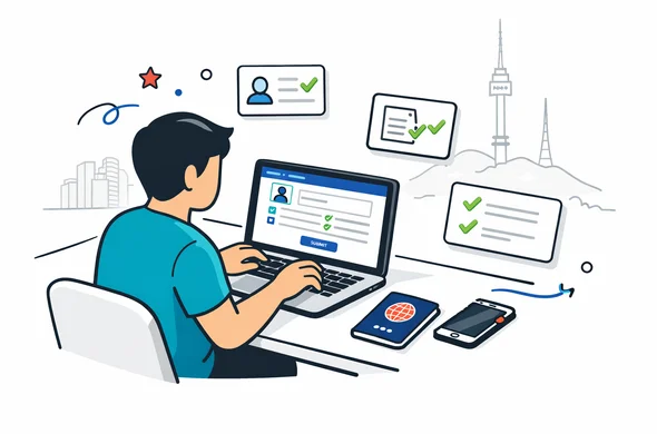 Flat or semi-flat vector illustration, clean lines, modern tech feel, 2D isometric scene, Aid-Air brand deep blue and turquoise primary colors with South Korea accent colors red and dark navy, faceless abstract traveler filling out a K-ETA application on a laptop, passport and smartphone on the desk, neat checklist cards floating nearby, calm organized efficient safe atmosphere, minimalist white and light grey background with a faint outline of the Seoul skyline and N Seoul Tower, no text, no logos, not photorealistic