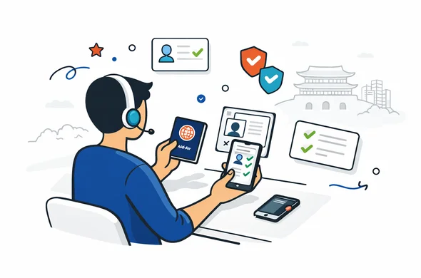 Flat or semi-flat vector illustration, clean lines, modern tech feel, 2D vector scene, deep blue and turquoise primary colors with South Korea accent colors red and dark navy, faceless abstract support specialist reviewing a passport, phone and digital checklist for a K-ETA submission, floating verification icons, calm organized efficient safe atmosphere, minimalist white and pale grey background with a faint outline of Gyeongbokgung Palace and Seoul city silhouette, no text, no logos, not photorealistic