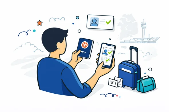 Flat or semi-flat vector illustration, clean lines, modern tech feel, isometric travel scene, deep blue and turquoise primary colors with South Korea accent colors red and dark navy, faceless abstract traveler holding passport and smartphone with a digital travel authorization style approval card, luggage and small document icons nearby, calm organized efficient safe atmosphere, minimalist white and light grey background with a faint outline of Incheon Airport and a subtle South Korea map silhouette, no text, no logos, not photorealistic