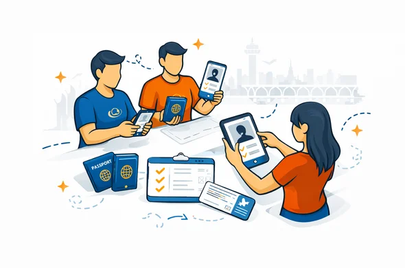 Flat or semi-flat vector illustration, clean lines, modern tech feel, isometric airport preparation scene. Several travelers in a small group checking final Thailand arrival card details on phones and a tablet, with passports, boarding information, and neatly verified check marks. Abstract faceless characters, neutral skin tones, calm organized efficient safe mood. Primary colors deep blue and turquoise with Thailand accent colors red and gold. Minimal white and grey background with a faint silhouette of Suvarnabhumi Airport style architecture and Bangkok skyline. No text, no logos, not photorealistic.