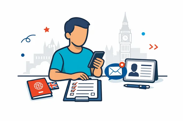 Flat or semi-flat vector illustration, clean lines, modern tech feel, isometric 2D scene of an abstract faceless traveler preparing a UK ETA application at a desk with passport, smartphone, email icon and checklist, neutral skin tones, deep blue and turquoise primary palette with United Kingdom accent colors red and dark navy, calm organized efficient safe atmosphere, minimalist white and light grey background with a faint London skyline and Big Ben silhouette, no text, no logos, not photorealistic