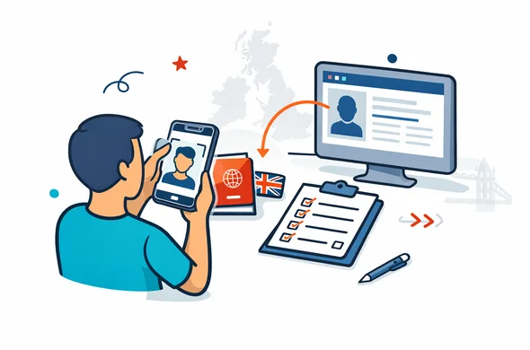 Flat or semi-flat vector illustration, clean lines, modern tech feel, isometric workflow showing an abstract faceless traveler scanning a passport and face on a smartphone UK ETA app while a desktop online form and checklist appear beside it, neutral skin tones, deep blue and turquoise primary colors with United Kingdom accent colors red and dark navy, calm organized efficient safe atmosphere, minimalist white and grey background with a subtle UK map outline and London bridge silhouette, no text, no logos, not photorealistic