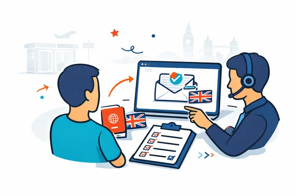 Flat or semi-flat vector illustration, clean lines, modern tech feel, 2D scene of an abstract faceless traveler and support specialist reviewing a digital UK ETA approval email, passport check and travel readiness checklist, neutral skin tones, deep blue and turquoise primary colors with United Kingdom accent colors red and dark navy, calm organized efficient safe atmosphere, minimalist white and light grey background with a faint airport border control gate and London skyline silhouette, no text, no logos, not photorealistic