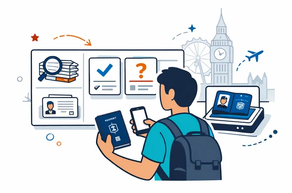 Flat or semi-flat vector illustration, clean lines, modern tech feel, isometric travel planning scene. Abstract faceless traveler with Israeli passport and smartphone reviewing UK entry options on a clean dashboard, with document icons, checklist cards, passport scan, and a subtle London skyline silhouette with Big Ben in the background. Deep blue and turquoise primary colors with England accent red and dark navy. Calm, organized, efficient, safe atmosphere. Minimal white and light grey background. No text, no logos, not photorealistic. Flat or semi-flat vector illustration, clean lines, modern tech feel, isometric travel planning scene. Abstract faceless traveler with Israeli passport and smartphone reviewing UK entry options on a clean dashboard, with document icons, checklist cards, passport scan, and a subtle London skyline silhouette with Big Ben in the background. Deep blue and turquoise primary colors with England accent red and dark navy. Calm, organized, efficient, safe atmosphere. Minimal white and light grey background. No text, no logos, not photorealistic.