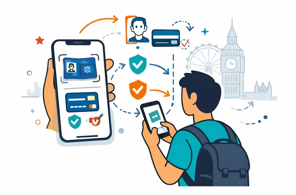 Flat or semi-flat vector illustration, clean lines, modern tech feel, 2D or light isometric digital application scene. Abstract faceless traveler completing a UK ETA style process on a smartphone with passport scan, face scan icon, payment card symbol, approval flow arrows, and security check marks. Deep blue and turquoise primary palette with England accent red and dark navy. Minimal white and light grey background with a faint London skyline silhouette. Calm, organized, efficient, safe atmosphere. No text, no logos, not photorealistic. Flat or semi-flat vector illustration, clean lines, modern tech feel, 2D or light isometric digital application scene. Abstract faceless traveler completing a UK ETA style process on a smartphone with passport scan, face scan icon, payment card symbol, approval flow arrows, and security check marks. Deep blue and turquoise primary palette with England accent red and dark navy. Minimal white and light grey background with a faint London skyline silhouette. Calm, organized, efficient, safe atmosphere. No text, no logos, not photorealistic.