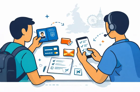 Flat or semi-flat vector illustration, clean lines, modern tech feel, organized document preparation scene. Abstract faceless traveler and support specialist arranging passport, smartphone, checklist, email icon, payment card, and travel notes on a clean desk interface, with a faint outline of the United Kingdom and London landmark silhouette. Deep blue and turquoise primary colors with England accent red and dark navy. Calm, safe, efficient atmosphere. Minimal white and light grey background. No text, no logos, not photorealistic. Flat or semi-flat vector illustration, clean lines, modern tech feel, organized document preparation scene. Abstract faceless traveler and support specialist arranging passport, smartphone, checklist, email icon, payment card, and travel notes on a clean desk interface, with a faint outline of the United Kingdom and London landmark silhouette. Deep blue and turquoise primary colors with England accent red and dark navy. Calm, safe, efficient atmosphere. Minimal white and light grey background. No text, no logos, not photorealistic.