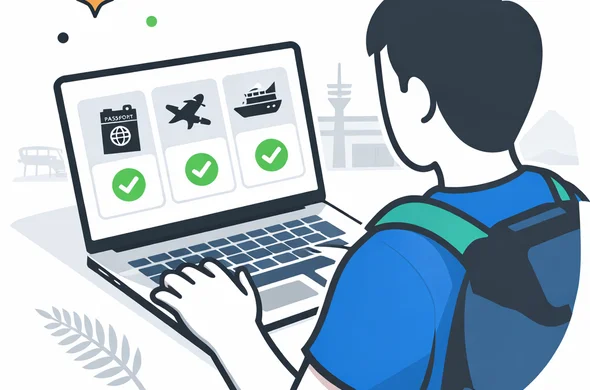 Flat or semi-flat vector illustration, clean lines, modern tech feel, isometric scene. Abstract faceless traveler comparing passport, visit, transit and cruise icons on a laptop eligibility screen for New Zealand travel authorization. Deep blue and turquoise primary palette with New Zealand accent colors fern green, black and white. Calm, organized, efficient, safe atmosphere. Minimal white and light grey background with a faint outline of Auckland Airport and distant New Zealand hills. No text, no logos, no photorealism, no watermark.