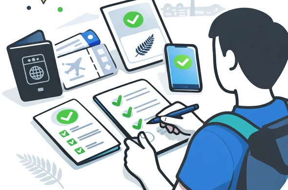 Flat or semi-flat vector illustration, clean lines, modern tech feel, isometric workflow scene. Abstract faceless traveler organizing passport, travel authorization confirmation, flight ticket, phone and checklist before a trip to New Zealand. Deep blue and turquoise primary palette with New Zealand accent colors fern green, black and white. Calm, organized, efficient, safe atmosphere. Minimal white and light grey background with a faint Auckland skyline and subtle silver fern details. No text, no logos, no photorealism, no watermark.