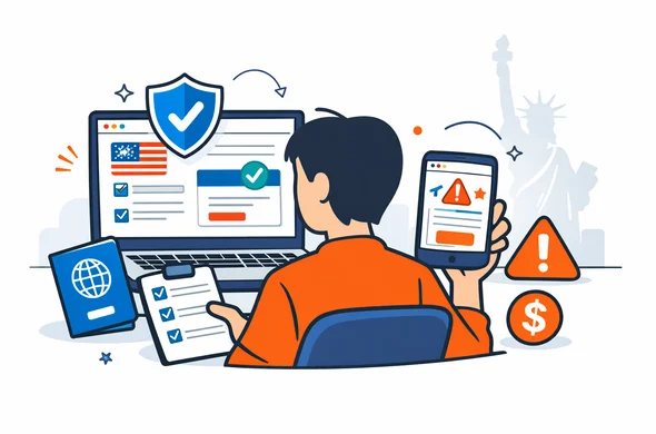 Flat or semi-flat vector illustration, clean lines, modern tech feel, 2D or light isometric scene. Abstract faceless traveler comparing two ESTA-related website screens on a laptop and smartphone, one clearly official government style and one private service style, with passport, shield icon, checklist, and subtle warning markers. Primary colors deep blue and turquoise, with United States accent colors red, white, and dark navy. Calm, organized, efficient, safe atmosphere. Minimal white and light grey background with a faint Statue of Liberty silhouette and soft interface panels. No text, no logos, no photorealism, no watermark.