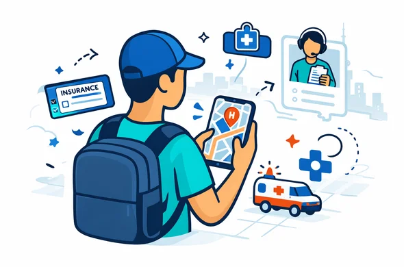 Flat or semi-flat vector illustration, clean lines, modern tech feel, 2D or light isometric healthcare navigation scene. Abstract faceless traveler using a smartphone map to find a clinic in South Korea, with hospital icon, insurance card, ambulance symbol, and a calm support guide panel. Deep blue and turquoise primary palette with South Korea accent colors red and dark navy. Safe, efficient, organized atmosphere. Minimal white and light grey background with a faint outline of Seoul city buildings and subtle emergency wayfinding graphics. No text, no logos, no photorealism, no watermark.