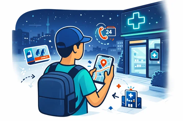 Flat or semi-flat vector illustration, clean lines, modern tech feel, isometric night scene in South Korea. Abstract faceless traveler outside a pharmacy at night using a smartphone, with medicine box, clinic icon, emergency hotline symbols, and a calm city street atmosphere. Deep blue and turquoise primary palette with South Korea accent colors red and dark navy. Minimal white and soft grey composition with faint Seoul night skyline and subtle neon-style pharmacy symbol, no readable text, no logos, no photorealism, no watermark.
