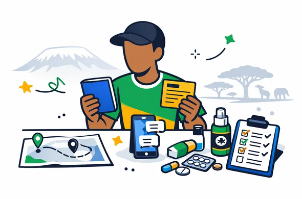 Flat or semi-flat vector illustration, clean lines, modern tech feel, isometric travel health planning scene for Tanzania. Abstract faceless traveler reviewing passport, vaccine card, travel route, mosquito repellent, medicine checklist, and phone reminders on a desk. Deep blue and turquoise primary palette with Tanzania-inspired accents of green, gold, black, and blue. Calm, organized, efficient, safe atmosphere. Minimal white and light grey background with a faint silhouette of Mount Kilimanjaro and subtle safari horizon. No text, no logos, no photorealism, no watermark.