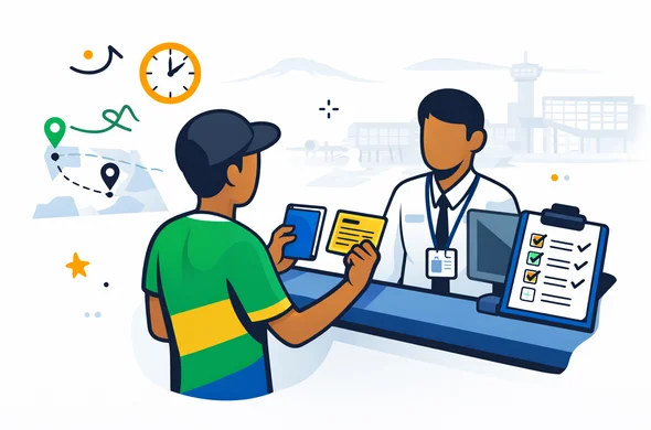 Flat or semi-flat vector illustration, clean lines, modern tech feel, 2D airport health-check scene for Tanzania entry. Abstract faceless traveler showing passport and yellow vaccination certificate to an immigration desk, with route icons, transit clock, and medical checklist. Deep blue and turquoise primary palette with Tanzania-inspired accents of green, gold, black, and blue. Calm, organized, efficient, safe atmosphere. Minimal white and light grey background with a faint outline of an airport gate and subtle Kilimanjaro silhouette. No text, no logos, no photorealism, no watermark.