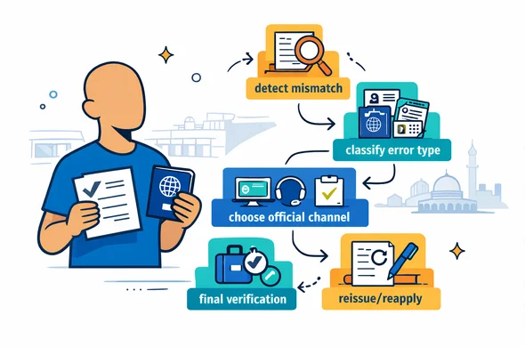 Flat or semi-flat vector illustration, modern tech feel, isometric composition. A calm abstract faceless character (neutral skin tone, no facial features) holds an approved e-visa document and a passport. Beside them, a clean roadmap flowchart with five steps: detect mismatch, classify error type (name vs passport number vs birthdate), choose official channel (portal amendment vs support ticket vs re-application), reissue/reapply, final verification before check-in. Use deep blue and turquoise as primary brand colors and golden sand as the accent (hub/Israel vibe). Minimal white/grey background with a faint outline of an airport terminal and subtle Jerusalem skyline silhouette. Calm, organized, safe, efficient. No photorealism, no text in the artwork. Flat or semi-flat vector illustration, modern tech feel, isometric composition. A calm abstract faceless character (neutral skin tone, no facial features) holds an approved e-visa document and a passport. Beside them, a clean roadmap flowchart with five steps: detect mismatch, classify error type (name vs passport number vs birthdate), choose official channel (portal amendment vs support ticket vs re-application), reissue/reapply, final verification before check-in. Use deep blue and turquoise as primary brand colors and golden sand as the accent (hub/Israel vibe). Minimal white/grey background with a faint outline of an airport terminal and subtle Jerusalem skyline silhouette. Calm, organized, safe, efficient. No photorealism, no text in the artwork.