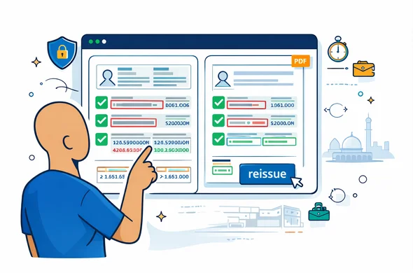 Flat vector illustration, clean lines, modern tech operations mood, light isometric. A secure digital dashboard automatically scans a passport MRZ and an e-visa PDF side-by-side. Show green checkmarks for correct fields (name, passport number, DOB) and a few highlighted red mismatches being flagged and then corrected. An abstract faceless specialist (neutral tone, no facial features) points to the MRZ and clicks a "reissue" button. Add subtle icons: shield/lock for security, stopwatch for urgency, and a support ticket. Primary palette deep blue and turquoise, accent golden sand. Minimal white/grey background with faint outline of an airport terminal and subtle Jerusalem skyline silhouette. Calm, organized, efficient, not photorealistic, no readable text. Flat vector illustration, clean lines, modern tech operations mood, light isometric. A secure digital dashboard automatically scans a passport MRZ and an e-visa PDF side-by-side. Show green checkmarks for correct fields (name, passport number, DOB) and a few highlighted red mismatches being flagged and then corrected. An abstract faceless specialist (neutral tone, no facial features) points to the MRZ and clicks a "reissue" button. Add subtle icons: shield/lock for security, stopwatch for urgency, and a support ticket. Primary palette deep blue and turquoise, accent golden sand. Minimal white/grey background with faint outline of an airport terminal and subtle Jerusalem skyline silhouette. Calm, organized, efficient, not photorealistic, no readable text.