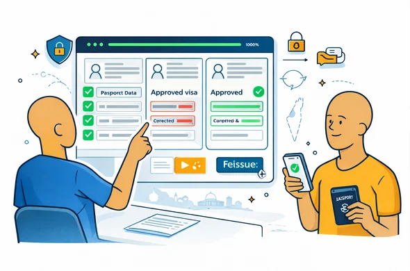 Semi-flat vector illustration, modern digital visa office, 2D with light isometric elements. An abstract faceless visa expert reviews a large screen dashboard showing passport data, an approved visa with a highlighted typo, and a corrected reissued approval document. Visual cues: organized checklist, validation progress bar reaching 100%, secure lock icon, and a support email/ticket icon. Add a calm client character holding a phone and passport, reassured. Primary colors deep blue and turquoise, accent golden sand. Minimal white/grey background with faint outline of Israel map and subtle Jerusalem skyline silhouette. Calm, efficient, trustworthy, no photorealism, no readable text. Semi-flat vector illustration, modern digital visa office, 2D with light isometric elements. An abstract faceless visa expert reviews a large screen dashboard showing passport data, an approved visa with a highlighted typo, and a corrected reissued approval document. Visual cues: organized checklist, validation progress bar reaching 100%, secure lock icon, and a support email/ticket icon. Add a calm client character holding a phone and passport, reassured. Primary colors deep blue and turquoise, accent golden sand. Minimal white/grey background with faint outline of Israel map and subtle Jerusalem skyline silhouette. Calm, efficient, trustworthy, no photorealism, no readable text.