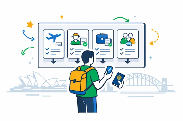 Flat or semi-flat vector illustration, clean lines, modern tech feel, isometric 2D scene, deep blue and turquoise primary colors with Australian accent colors gold and green. Abstract faceless traveler choosing between several organized visa and entry path cards on a large digital board, holding passport and smartphone, calm organized efficient safe atmosphere, minimalist white and light grey background with a faint Sydney Opera House and Harbour Bridge silhouette, no text, no logos, not photorealistic.