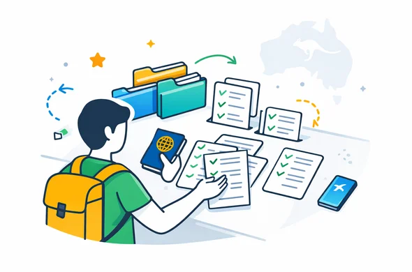 Flat or semi-flat vector illustration, clean lines, modern tech feel, 2D organized document preparation scene, deep blue and turquoise primary colors with Australian accent colors gold and green. Abstract faceless traveler arranging passport, travel papers, phone, checklist cards and digital folders on a clean desk, calm organized efficient safe atmosphere, minimalist white and light grey background with a faint outline of Australia map and subtle kangaroo icon style silhouette, no text, no logos, not photorealistic.