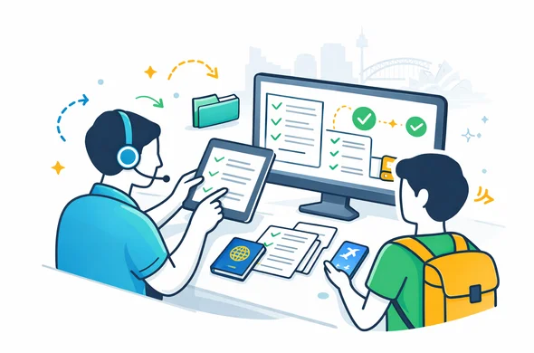Flat or semi-flat vector illustration, clean lines, modern tech feel, isometric service guidance scene, deep blue and turquoise primary colors with Australian accent colors gold and green. Abstract faceless support specialist guiding a traveler through a calm digital visa workflow on tablet and desktop screens, with checklist cards, passport, phone and approval path icons, calm organized efficient safe atmosphere, minimalist white and light grey background with a faint Sydney skyline silhouette, no text, no logos, not photorealistic.