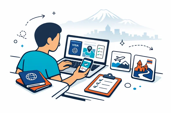Flat or semi-flat vector illustration, clean lines, modern tech feel, isometric 2D scene of an abstract faceless traveler reviewing Armenia visa and entry options on a laptop and smartphone, passport, checklist and route cards on a desk, calm organized efficient safe atmosphere, deep blue and turquoise primary palette with Armenia accent colors red, blue and warm orange, minimalist white and light grey background with a faint outline of Mount Ararat and a subtle Yerevan skyline silhouette, no text, no logos, not photorealistic