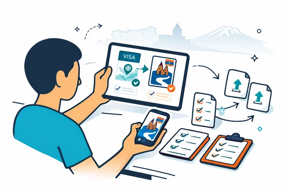 Flat or semi-flat vector illustration, clean lines, modern tech feel, isometric 2D scene of an abstract faceless traveler comparing digital Armenia visa path options on a tablet and phone, with checklist cards, passport, uploaded document icons and approval flow arrows, calm organized efficient safe atmosphere, deep blue and turquoise primary palette with Armenia accent colors red, blue and warm orange, minimalist white and grey background with a faint Armenian landmark silhouette and subtle map outline, no text, no logos, not photorealistic