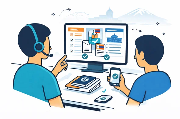 Flat or semi-flat vector illustration, clean lines, modern tech feel, isometric 2D scene of an abstract faceless support specialist helping a traveler organize Armenia visa documents, internal guidance pages and official website checks on a desktop screen, passport, document stack, phone and check icons visible, calm organized efficient safe atmosphere, deep blue and turquoise primary palette with Armenia accent colors red, blue and warm orange, minimalist white and light grey background with a faint outline of Mount Ararat and subtle government building silhouette, no text, no logos, not photorealistic
