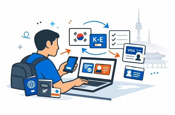 Flat or semi-flat vector illustration, clean lines, modern tech feel, 2D or light isometric scene. Abstract faceless traveler reviewing entry options for South Korea on a laptop and smartphone, with passport, visa card, K-ETA icon, arrival card icon, checklist panels and directional arrows. Deep blue and turquoise primary palette with South Korea accent colors red, blue, black and white. Calm, organized, efficient, safe atmosphere. Minimalist white and light grey background with a faint Seoul skyline including N Seoul Tower and a subtle traditional palace roof silhouette. No text, no logos, no photorealism, no watermark.