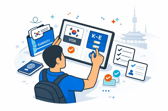 Flat or semi-flat vector illustration, clean lines, modern tech feel, isometric workflow scene. Abstract faceless traveler comparing South Korea visa path versus K-ETA path on a tablet, with passport, embassy document folder, digital approval icons, checklist cards and calm support elements. Deep blue and turquoise primary palette with South Korea accent colors red, blue, black and white. Safe, organized atmosphere. Minimal white and grey background with a faint outline of Gyeongbokgung Palace and Seoul skyline. No text, no logos, no photorealism, no watermark.