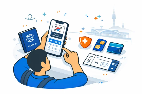 Flat or semi-flat vector illustration, clean lines, modern tech feel, 2D travel-preparation scene. Abstract faceless traveler preparing for South Korea entry with passport, smartphone showing digital arrival declaration, boarding details, health insurance icon, SIM card icon and transport card icon neatly arranged on a desk. Deep blue and turquoise primary palette with South Korea accent colors red, blue, black and white. Calm, organized, efficient, safe mood. Minimal white and light grey background with a faint Incheon Airport terminal silhouette and subtle Seoul city outline. No text, no logos, no photorealism, no watermark.