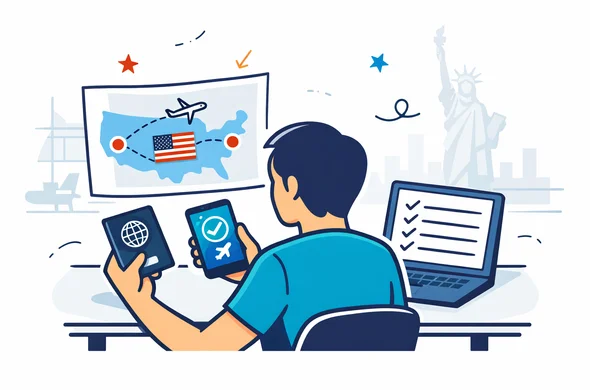 Flat or semi-flat vector illustration, clean lines, modern tech feel, 2D travel planning scene for U.S. transit with ESTA. Abstract faceless traveler at a desk comparing passport, airline route with connection through the United States, smartphone with ESTA approval concept, and a checklist on a laptop. Deep blue and turquoise primary palette with USA accent colors red, white, and dark navy. Calm, organized, efficient, safe atmosphere. Minimal white and light grey background with a faint airport terminal outline and subtle Statue of Liberty silhouette. No text, no logos, no photorealism, no watermark.