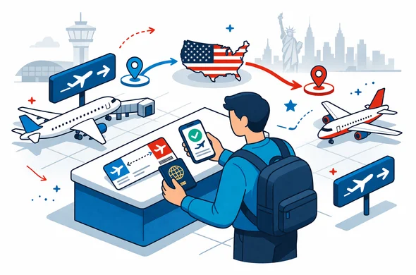 Flat or semi-flat vector illustration, clean lines, modern tech feel, isometric airport transit scene in the United States. Abstract faceless traveler at an airport connection desk reviewing passport, connecting boarding pass, and ESTA approval on a phone while route arrows point to the next flight. Deep blue and turquoise primary palette with USA accent colors red, white, and dark navy. Calm, organized, efficient, safe atmosphere. Minimal white and light grey background with a faint airport control tower and subtle U.S. skyline silhouette. No text, no logos, no photorealism, no watermark.