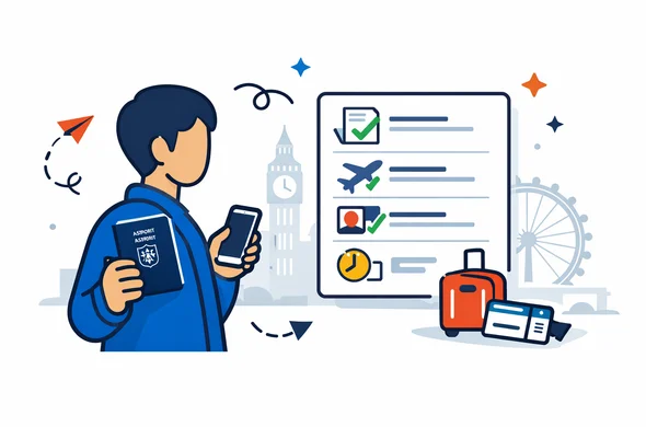 Flat or semi-flat vector illustration, clean lines, modern tech feel, 2D travel-planning scene for UK ETA. Abstract faceless traveler holding an Israeli passport and smartphone while reviewing a digital travel authorization checklist before a trip to the United Kingdom. Deep blue and turquoise primary palette with England accent colors red, white and dark navy. Calm, organized, efficient, safe atmosphere. Minimal white and light grey background with a faint London skyline and subtle Big Ben silhouette. No text, no logos, no photorealism, no watermark. Flat or semi-flat vector illustration, clean lines, modern tech feel, 2D travel-planning scene for UK ETA. Abstract faceless traveler holding an Israeli passport and smartphone while reviewing a digital travel authorization checklist before a trip to the United Kingdom. Deep blue and turquoise primary palette with England accent colors red, white and dark navy. Calm, organized, efficient, safe atmosphere. Minimal white and light grey background with a faint London skyline and subtle Big Ben silhouette. No text, no logos, no photorealism, no watermark.