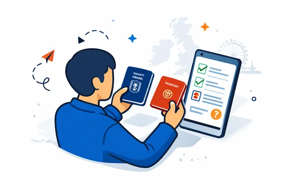 Flat or semi-flat vector illustration, clean lines, modern tech feel, isometric dual-passport decision scene for UK travel authorization. Abstract faceless traveler comparing two passports and a phone with a digital eligibility checklist for a UK ETA. Deep blue and turquoise primary palette with England accent colors red, white and dark navy. Calm, organized, efficient, safe atmosphere. Minimal white and light grey background with a faint outline of the UK map and subtle London Eye silhouette. No text, no logos, no photorealism, no watermark. Flat or semi-flat vector illustration, clean lines, modern tech feel, isometric dual-passport decision scene for UK travel authorization. Abstract faceless traveler comparing two passports and a phone with a digital eligibility checklist for a UK ETA. Deep blue and turquoise primary palette with England accent colors red, white and dark navy. Calm, organized, efficient, safe atmosphere. Minimal white and light grey background with a faint outline of the UK map and subtle London Eye silhouette. No text, no logos, no photorealism, no watermark.