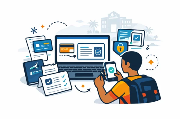 Flat or semi-flat vector illustration, clean lines, modern tech feel, isometric secure online payment scene for Papua New Guinea eVisa. Abstract faceless traveler paying a migration fee on a laptop and smartphone, with passport, receipt, billing confirmation, card icon, shield symbol, and MICA-style workflow panels. Deep blue and turquoise primary palette with Papua New Guinea accent colors red, black and gold. Calm, organized, efficient, safe atmosphere. Minimalist white and light grey background with a faint government office silhouette and subtle tropical outline. No text, no logos, no photorealism, no watermark.