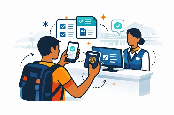 Flat or semi-flat vector illustration, clean lines, modern tech feel, 2D or light isometric airport check-in readiness scene for Papua New Guinea. Abstract faceless traveler showing eVisa approval email, passport, digital arrival card confirmation, and saved PDF on a smartphone to an airline desk, with checklist icons and calm support atmosphere. Deep blue and turquoise primary palette with Papua New Guinea accent colors red, black and gold. Minimalist white and light grey background with a faint airport terminal and tropical mountain silhouette. No text, no logos, no photorealism, no watermark.