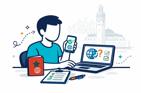 Flat or semi flat vector illustration, clean lines, modern tech feel, 2D or light isometric scene of an abstract traveler checking Morocco visa eligibility on a laptop and smartphone, passport and checklist on desk, faceless neutral character, deep blue and turquoise primary palette with Morocco accent colors red and green, calm organized efficient safe atmosphere, minimalist white and light grey background with faint Hassan II Mosque silhouette and subtle Moroccan geometric pattern, no text, no logos, no photorealism, no watermark
