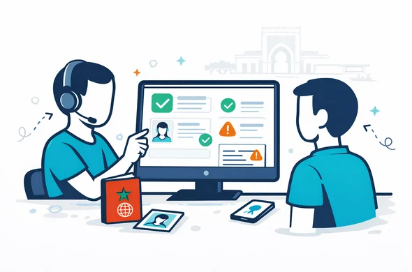 Flat or semi flat vector illustration, clean lines, modern tech feel, 2D review and approval scene for a Morocco visa application, abstract faceless support style character and traveler checking form fields, scanned documents, green check marks and warning icons on a desktop screen, passport and phone nearby, deep blue and turquoise primary palette with Morocco accent colors red and green, calm organized efficient safe atmosphere, minimalist white and light grey background with faint airport border desk silhouette and subtle Moroccan doorway outline, no text, no logos, no photorealism, no watermark