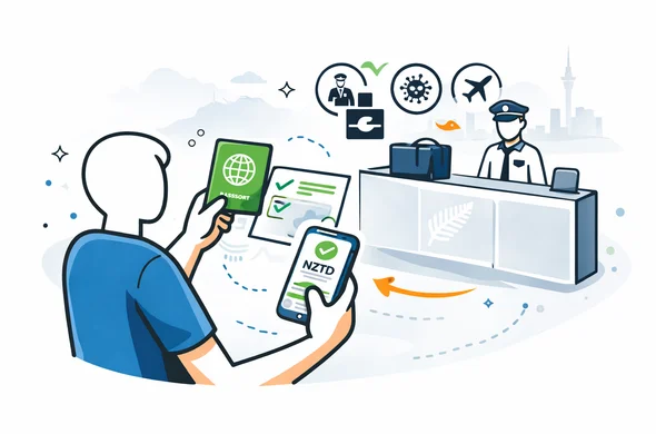 Flat or semi-flat vector illustration, clean lines, modern tech feel, 2D airport arrival and entry-preparation scene for New Zealand. Abstract faceless traveler holding passport, approved eVisa/NZeTA confirmation and phone with NZTD declaration, near a calm border control desk with customs and biosecurity symbols. Deep blue and turquoise primary palette with New Zealand accent colors fern green, black and white. Calm, organized, efficient, safe atmosphere. Minimal white and light grey background with a faint airport terminal and subtle mountain or Auckland skyline silhouette. No text, no logos, no photorealism, no watermark.