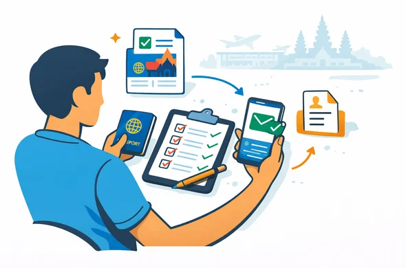 Flat or semi-flat vector illustration, clean lines, modern tech feel, 2D travel readiness scene for Cambodia. Abstract faceless traveler with neutral skin tones reviewing a final online visa checklist with passport, approved document, smartphone email confirmation and arrival form icon. Deep blue and turquoise primary palette with Cambodia-inspired red and warm gold accents. Calm, organized, efficient, safe atmosphere. Minimal white and light grey background with a faint airport terminal and Angkor Wat silhouette. No text, no logos, no photorealism, no watermark.