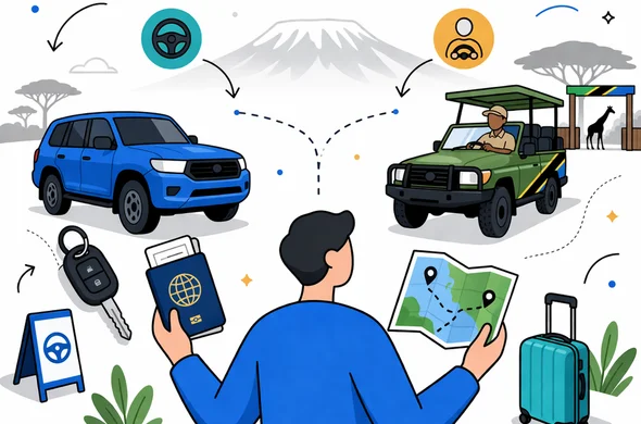 Flat or semi-flat vector illustration, clean lines, modern tech feel, 2D comparison scene in Tanzania. Abstract faceless traveler choosing between a self drive rental car and a guided driver vehicle, with passport, map, route icons, luggage, and a safari gate. Deep blue and turquoise primary palette with Tanzania inspired accents of green, gold, black, and blue. Calm, organized, efficient, safe atmosphere. Minimal white and light grey background with a faint silhouette of Mount Kilimanjaro and acacia trees. No text, no logos, no photorealism, no watermark. Flat or semi-flat vector illustration, clean lines, modern tech feel, 2D comparison scene in Tanzania. Abstract faceless traveler choosing between a self drive rental car and a guided driver vehicle, with passport, map, route icons, luggage, and a safari gate. Deep blue and turquoise primary palette with Tanzania inspired accents of green, gold, black, and blue. Calm, organized, efficient, safe atmosphere. Minimal white and light grey background with a faint silhouette of Mount Kilimanjaro and acacia trees. No text, no logos, no photorealism, no watermark.