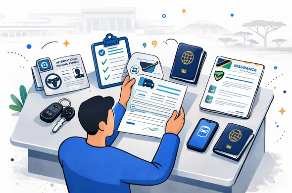 Flat or semi-flat vector illustration, clean lines, modern tech feel, isometric rental desk scene in Tanzania. Abstract faceless traveler reviewing rental documents, international driving permit, insurance policy, passport, smartphone, and car keys with a support checklist. Deep blue and turquoise primary palette with Tanzania inspired accents of green, gold, black, and blue. Calm, organized, efficient, safe atmosphere. Minimal white and light grey background with a faint outline of a terminal building and acacia trees. No text, no logos, no photorealism, no watermark. Flat or semi-flat vector illustration, clean lines, modern tech feel, isometric rental desk scene in Tanzania. Abstract faceless traveler reviewing rental documents, international driving permit, insurance policy, passport, smartphone, and car keys with a support checklist. Deep blue and turquoise primary palette with Tanzania inspired accents of green, gold, black, and blue. Calm, organized, efficient, safe atmosphere. Minimal white and light grey background with a faint outline of a terminal building and acacia trees. No text, no logos, no photorealism, no watermark.