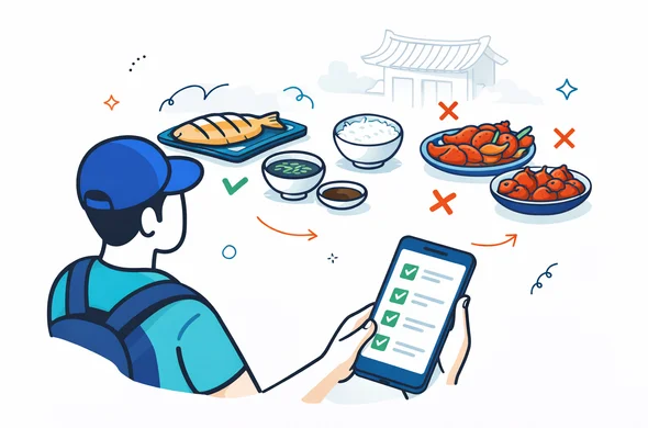 Flat or semi flat vector illustration, clean lines, modern tech feel, 2D Korean dining selection scene. Abstract faceless traveler compares a mild grilled dish, plain rice, soup with sauce on the side, and spicy red dishes that are being avoided. Smartphone shows a simple safe choice checklist. Deep blue and turquoise primary palette with South Korea accent colors red and dark navy. Calm, organized, efficient, safe atmosphere. Minimal white and light grey background with a faint hanok roofline silhouette and geometric doodles. No text, no logos, no photorealism, no watermark.