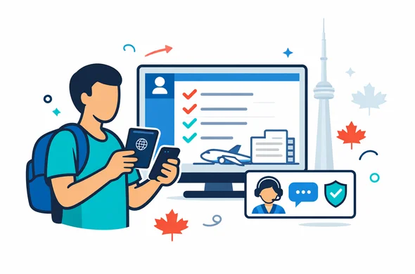 Flat or semi-flat vector illustration, clean lines, modern tech feel, 2D travel authorization scene for Canada. Abstract faceless traveler holding a passport and smartphone while reviewing an electronic travel authorization checklist with a calm support dashboard. Deep blue and turquoise primary palette with Canada accent colors red and white. Organized, efficient, safe atmosphere. Minimal white and light grey background with a faint CN Tower silhouette and subtle maple leaf elements. No text, no logos, no photorealism, no watermark
